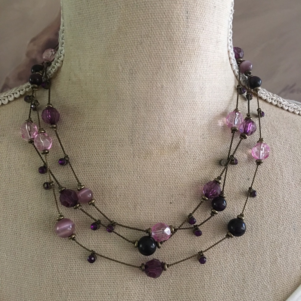 Elegant triple strand purple tone glass bead stone necklace